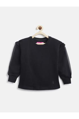solid cotton blend round neck girls sweatshirt - black