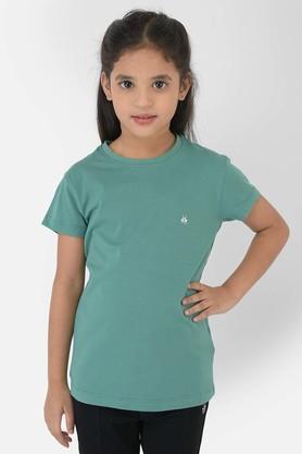 solid cotton blend round neck girls t-shirt - green