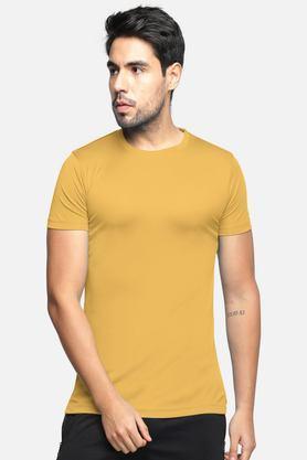 solid cotton blend round neck men's t-shirt - mustard