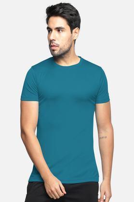 solid cotton blend round neck men's t-shirt - turquoise