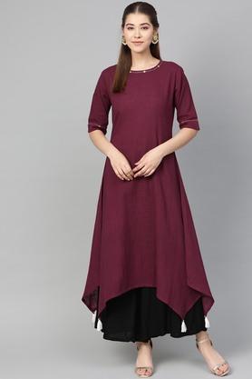 solid cotton blend round neck women's casual kurta - maroon