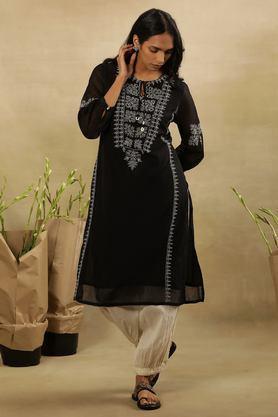 solid cotton blend round neck women's casual wear kurta - black