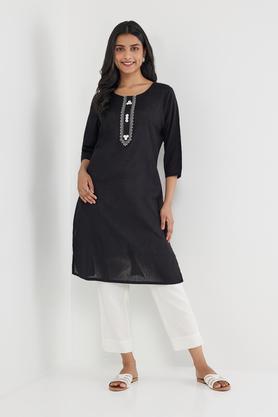 solid cotton blend round neck women's casual wear kurta - black
