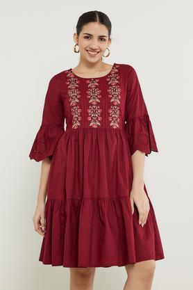 solid cotton blend round neck women's ethnic dress - red