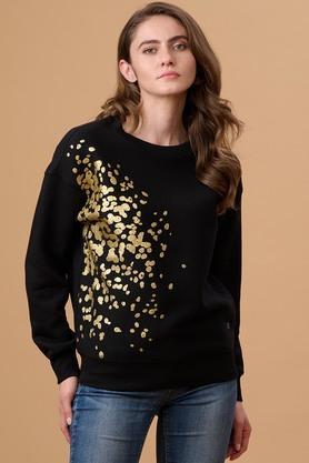 solid cotton blend round neck women's sweatshirt - black