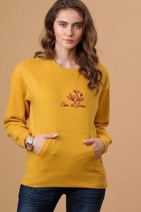 solid cotton blend round neck women's sweatshirt - mustard