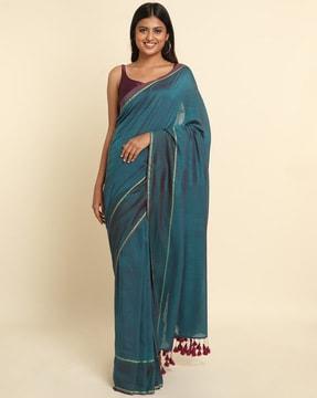 solid cotton blend saree with tassels