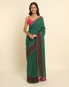 solid cotton blend saree with tassels