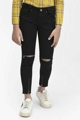 solid cotton blend skinny fit girls jeans - black