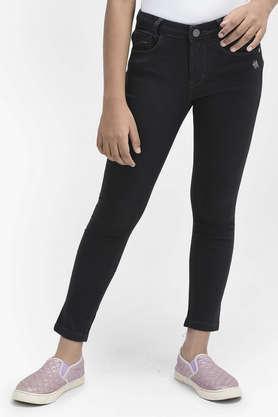 solid cotton blend skinny fit girls jeans - black