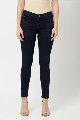 solid cotton blend skinny fit women's jeans - navy