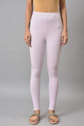 solid cotton blend skinny fit women's pants - purple