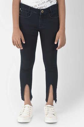 solid cotton blend slim fit girl's jeans - black