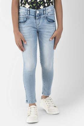 solid cotton blend slim fit girl's jeans - sky blue