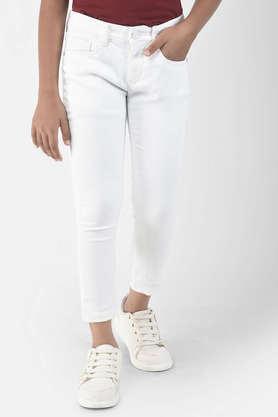 solid cotton blend slim fit girl's jeans - white