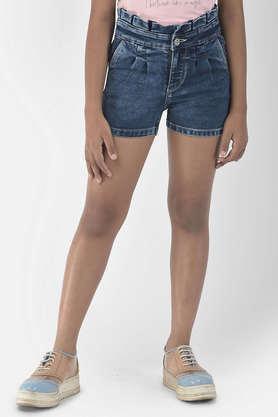 solid cotton blend slim fit girl's shorts - blue