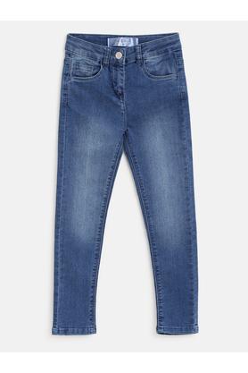 solid cotton blend slim fit girls jeans - blue