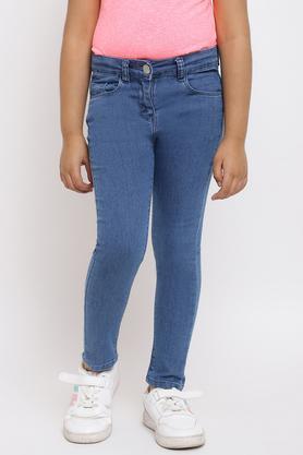 solid cotton blend slim fit girls jeans - blue