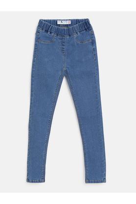 solid cotton blend slim fit girls jeans - blue