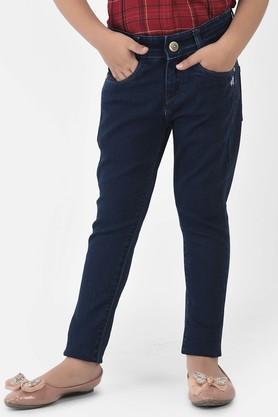 solid cotton blend slim fit girls jeans - navy