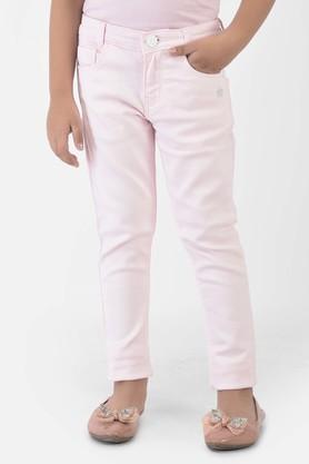 solid cotton blend slim fit girls jeans - pink