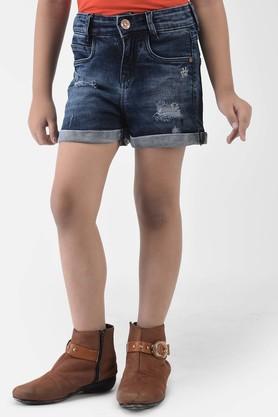 solid cotton blend slim fit girls shorts - blue