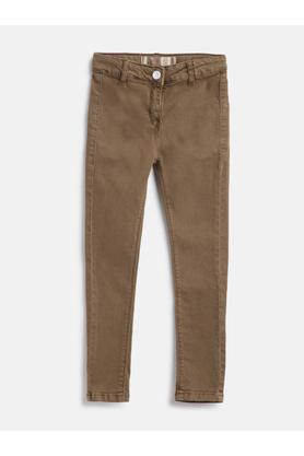 solid cotton blend slim fit girls trousers - brown