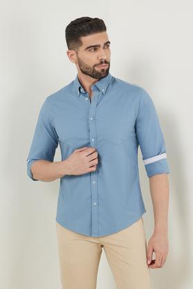 solid cotton blend slim fit men's casual shirt - blue