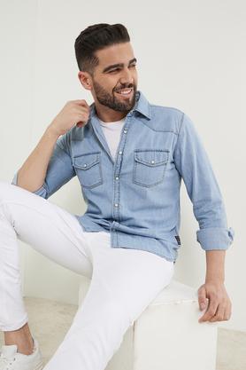 solid cotton blend slim fit men's casual shirt - navy