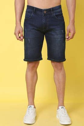 solid cotton blend slim fit men's casual shorts - blue