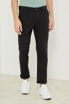 solid cotton blend slim fit men's casual trousers - black