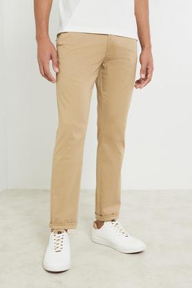 solid cotton blend slim fit men's casual trousers - khaki