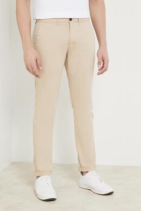 solid cotton blend slim fit men's casual trousers - natural