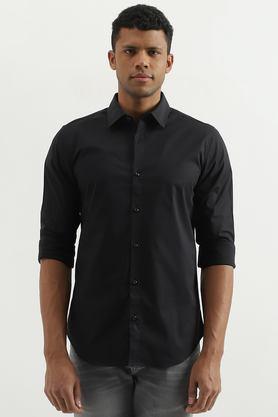 solid cotton blend slim fit men's casual wear shirt - black