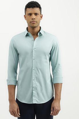 solid cotton blend slim fit men's casual wear shirt - green