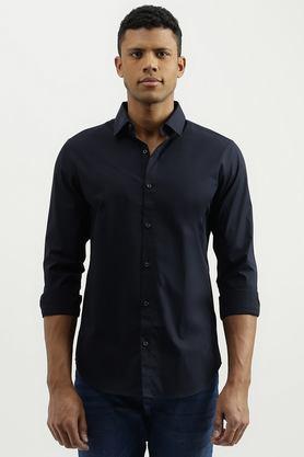 solid cotton blend slim fit men's casual wear shirt - navy