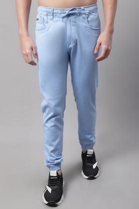 solid cotton blend slim fit men's joggers - blue