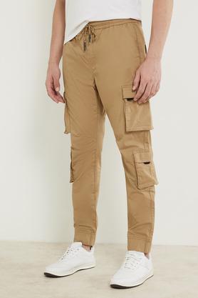 solid cotton blend slim fit men's joggers - khaki