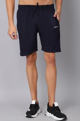 solid cotton blend slim fit men's shorts - navy