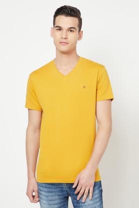 solid cotton blend slim fit men's t-shirt - yellow