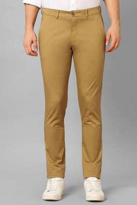 solid cotton blend slim fit men's trouser - khaki