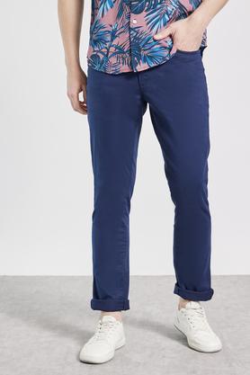 solid cotton blend slim fit men's trousers - navy