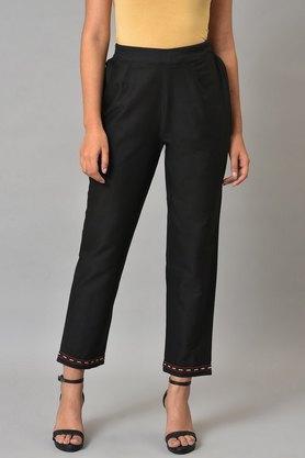 solid cotton blend slim fit women's casual pants - black