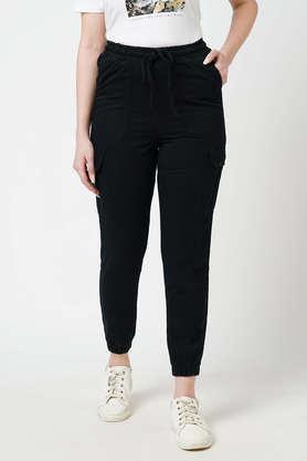 solid cotton blend slim fit women's casual trousers - black