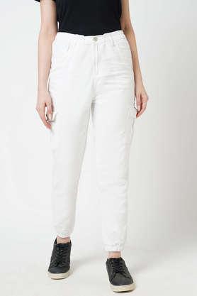 solid cotton blend slim fit women's casual trousers - white