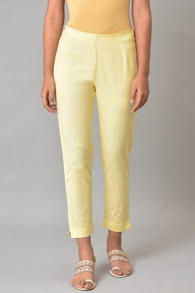 solid cotton blend slim fit women's pants - yellow