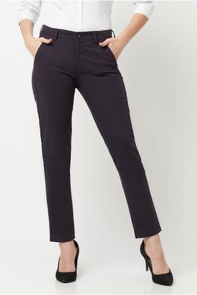 solid cotton blend slim fit womens casual pants - navy