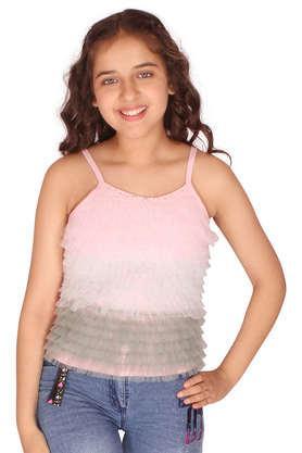 solid cotton blend square neck girl's top - peach