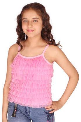 solid cotton blend square neck girl's top - pink