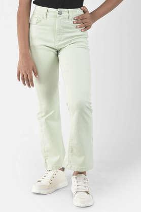 solid cotton blend straight fit girl's jeans - green